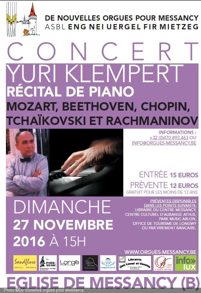 Affiche. Messancy. Récital de piano, Yuri Klempert. Mozart, Beethoven, Chopin, Tchaïkovski et Rachmaninov. 2016-11-27